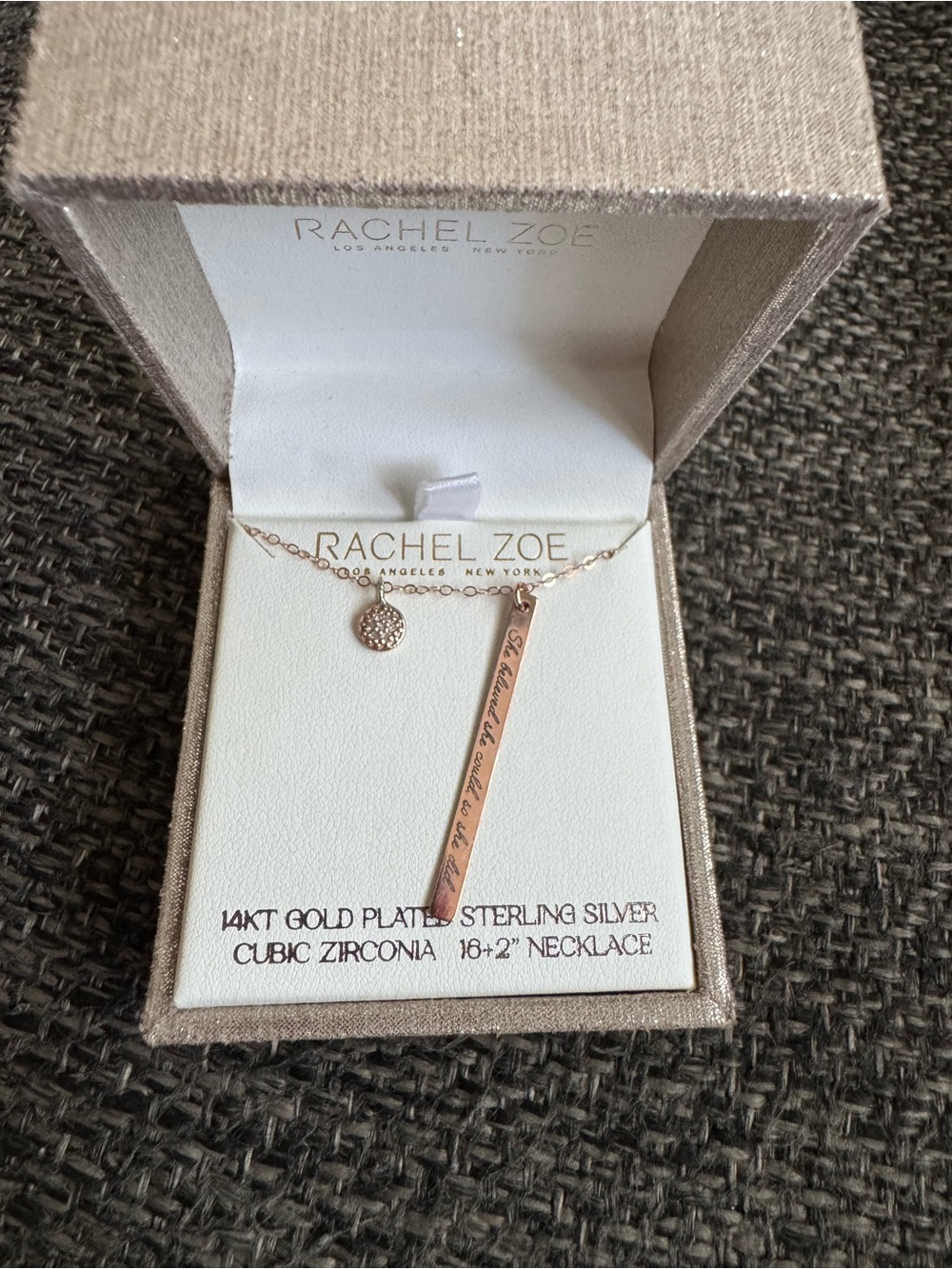 Rachel Zoe Rose Gold Vertical Bar Pendant Necklace with CZ Accent